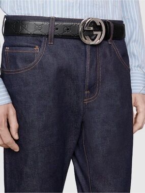 Gucci Guccisima Men’s Black Leather Belt with Silver Buckle, Mint Condition